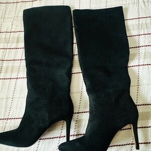 Black Suede Knee High Stiletto Boots - Women